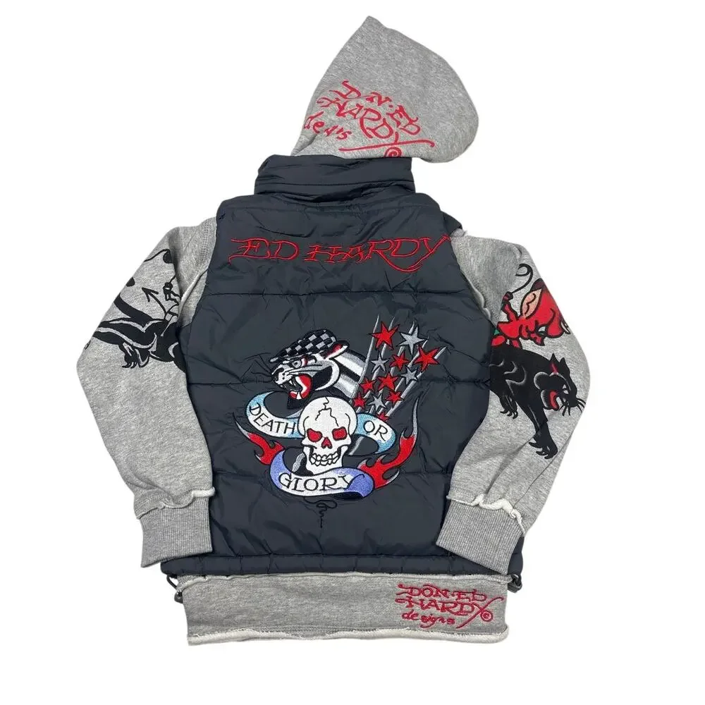 Don Ed Hardy Puffer Vest Jacket Kids 6-6X 2-in-1 Embroidered Skull Y2K Hoodie